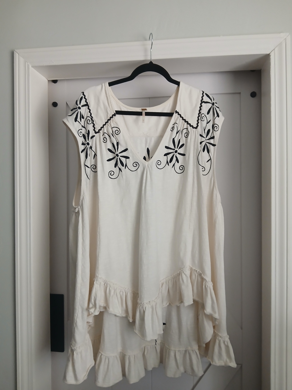 Free People Oaxaca Cream Sleeveless Tunic with Black Floral Embroidery
